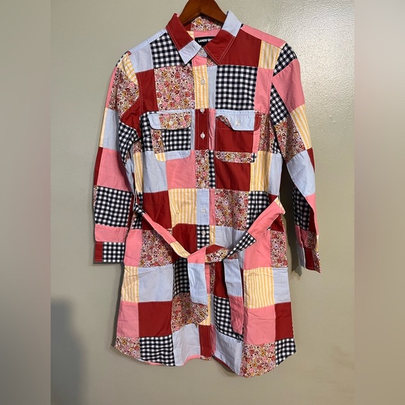 Lands And Womens Colorful Patchwork Shirt Dress With Pockets Belted Cotton SP - Picture 1 of 13
